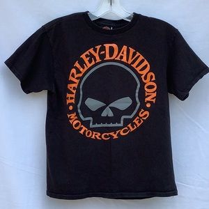 HARLEY DAVIDSON youth medium WILLIE G SKULL KEGEL TEE SHIRT BLACK ORANGE WRITING
